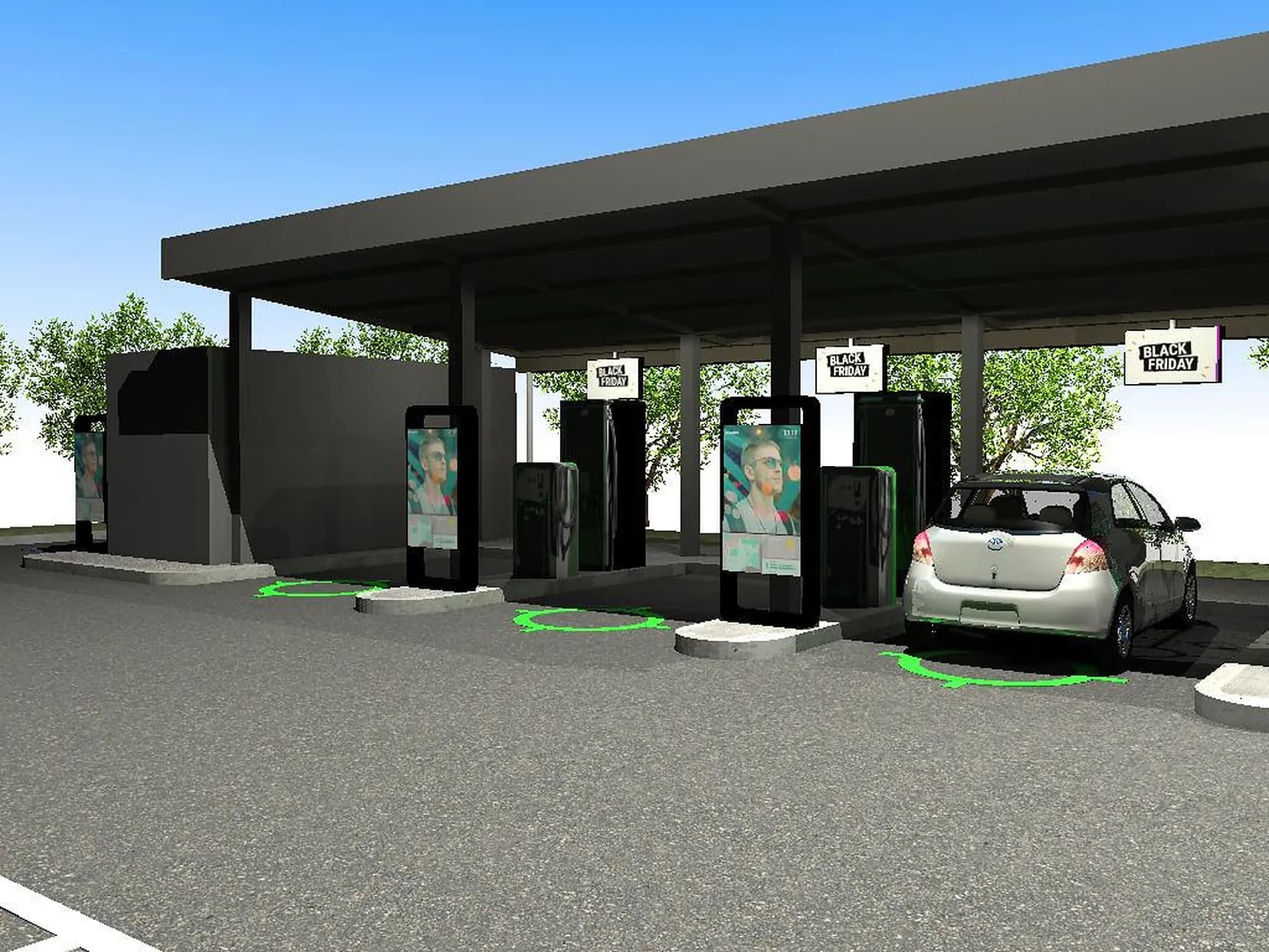 Rendu 3D des bornes de recharge rapide d'une station SEKAOP